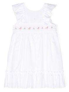 white cotton fine ribbed round neck ruffled detailing sleeveless smocked panel with floral embroidery pintuck detailing rear bow detailing tiered skirt rear button fastening White Daywear Dress With Embroidered Hem, White Cotton Dress With Broderie Anglaise, Cotton Dress With Smocked Back And Ruffled Straps, White Embroidered Cotton Dress For Daywear, Sleeveless Broderie Anglaise Dress For Garden Party, White Cotton Embroidered Dress For Daywear, White Ruffle Hem Dress For Garden Party, White Ruffle Dress For Garden Party, Cotton Tiered Dress With Smocked Bodice