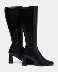 A half-zipper closure gives the HOLLY knee boot a calf-defining fit while an angled block heel and a square toe giving this style a sharp finish. Square toe block heel knee boot Side half zipper closure Angled block heel 2.75 inch heel height Size 6 measurements: 12 inch shaft circumference, 14.25 inch shaft height Size 8 measurements: 14.5 inch shaft circumference, 15.5 inch shaft circumference Size 10 measurements: 15 inch shaft circumference, 16 inch shaft height Vegan leather upper material Kitten Heel Slingbacks, Wedge Loafers, Holly Black, Exclusive Shoes, Leather Socks, Knee Boot, Black Knees, Flat Boots, Wedge Shoes