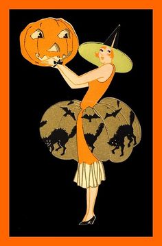 a woman holding a pumpkin and wearing a witch hat with bats on it's wings