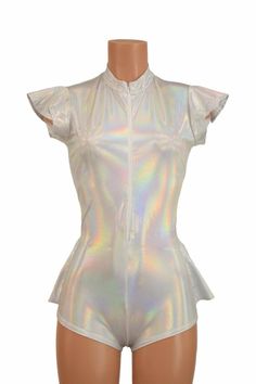 Flashbulb Holographic Zipper Front Ruffle Rump | Etsy Plastic Short Jumpsuit, Halographic Short Dress, Purple Holographic Bodysuit, Iridescent Outfit Holographic Fashion, Fitted Short Sleeve Bodysuit With Ruffles, Fitted Ruffle Bodysuit With Short Sleeves, Metallic Fitted Sleeveless Jumpsuits And Rompers, Holographic Fashion, White Holographic