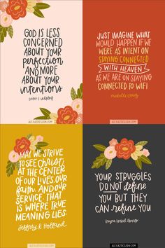 four different quotes with flowers and leaves on them