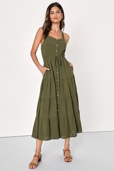 Olive Green Midi Dress - Button-Front Dress - Tiered Midi Dress - Lulus Olive Outfits, Olive Green Midi Dress, Green Sundress, Lulu Fashion, Adhesive Bra, Sophisticated Dress, Wrap Midi Dress, Button Front Dress, Tiered Midi Dress