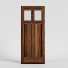 a wooden door with glass panels on the top and bottom panel, against a white background