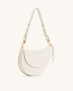 Ashlie Crossbody Bag - White - JW PEI Daily Use Saddle Shoulder Bag With Gold-tone Hardware, Handheld Flap Bag With Gold-tone Hardware For Everyday, Everyday Saddle Shoulder Bag With Gold-tone Hardware, White Leather Shoulder Saddle Bag, Elegant Satchel Saddle Bag For Errands, Top Handle Saddle Bag With Gold-tone Hardware For Shopping, Gold-tone Hardware Saddle Bag With Top Handle, Saddle Shoulder Bag With Detachable Strap For Errands, Everyday Handheld Saddle Bag With Adjustable Strap