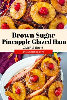 brown sugar pineapple glazed ham on a white plate