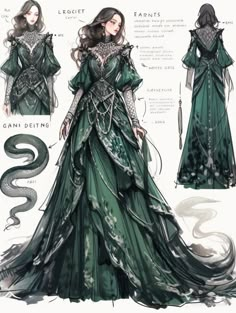 Green Fantasy Dress Drawing, Slytherin Dress Green Gown, Slytherin Aesthetic Dress, Fantasy Dresses Art, Green Outfit Drawing, Fantasy Dress Concept Art, Green Fantasy Outfit, Green Fantasy Gown, Green Fairytale Dress