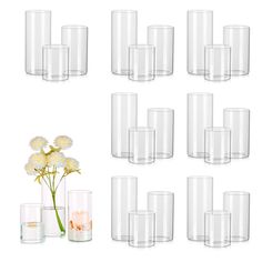 a bunch of vases with flowers in them on a white background, set of twelve