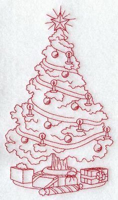 a drawing of a christmas tree with presents under it