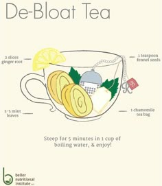 a tea cup with lemon slices and mints in it, labeled de - bloat tea