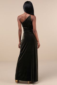 Upgrade your grand entrance with an impressive look like the Lulus Elegant Era Olive Green Velvet One-Shoulder Maxi Dress! Ultra-plush stretch velvet shapes this luxe dress that falls from a single slender strap into a one-shoulder neckline and an asymmetrical, darted bodice with slight gathering. High, fitted waist sits atop an overlapping tulip skirt that gathers at the side before ending at a maxi hem. Hidden side zipper/clasp. Fit: This garment fits true to size. Length: Floor length. Size medium measures 59.75" from shoulder to hem. Bust: Great for any cup size. Waist: Fitted - very fitted at natural waist. Hip: Loosely Fitted. Undergarments: May be worn with a strapless bra, adhesive bra, petals, or no bra. Fabric: Fabric is very stretchy. Dress Measures 26" Longer At Back. Lined. Sh Olive Green Velvet Dress, Luxe Dress, Olive Green Velvet, Green Velvet Dress, Dress Velvet, Tulip Skirt, Tulip Dress, Adhesive Bra, Grand Entrance