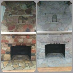 three different views of a stone fireplace