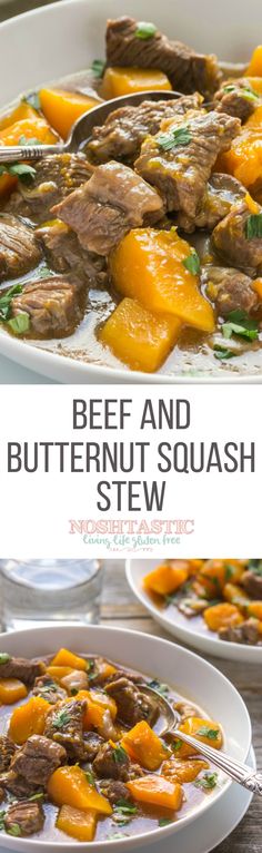 beef and butternut squash stew in a white bowl