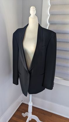 "Like new, very high quality men's tuxedo jacket. Made by Roy Robinson, West Germany. Black wool suit fabric with silver acetate lining, satin lapel, one button. Three front pockets, one up top, two at waist. Multiple inside pockets. It has been just dry cleaned and is in perfect condition with no sign of wear. Shoulder 19\" Chest 42\" Waist 40\" Sleeves 24\" Length 28\"" Mens Wedding Suits, Men's Tuxedo, Tuxedo For Men, Tuxedo Jacket, Wedding Suits Men, Suit Fabric, Vintage Blazer, Wool Suit, Red Wool