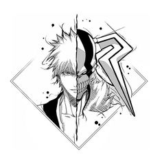 an anime character in black and white with lightning bolt on his head, looking to the side