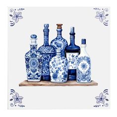 a painting of blue and white vases on a shelf