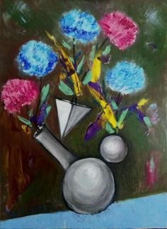 a painting of flowers in a vase with blue and pink flowers next to each other