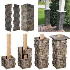 several different types of stone columns and pillars in various stages of being built into each other