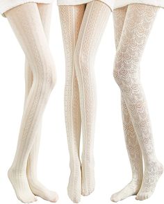 White Patterned Tights, White Lace Tights, Coquette Closet, White Tights Outfit, Knitted Tights, Stockings Aesthetic, Minimal Clothing, Cute Tights, Thick Tights