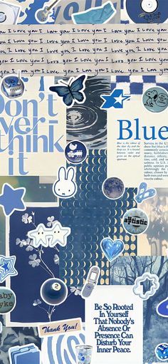 a collage of blue and white paper with words on it, including an image of a