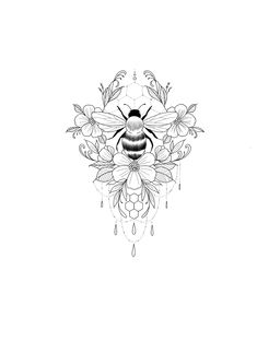 a black and white drawing of a bee with flowers on it's back side