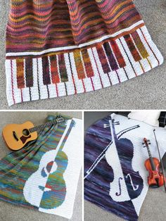 there is a crocheted blanket with musical instruments on it