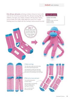 the instructions for sock monkey sewing pattern are shown in pink and blue striped socks, one with