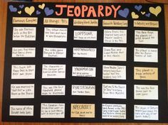 a bulletin board with hearts on it that says, jeepardy and other words