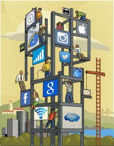 an image of people climbing up to the top of a tower with social icons on it