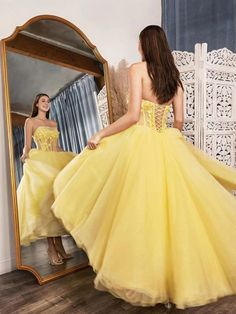 Strapless Yellow Lace Floral Tea Length Prom Dresses, Yellow Lace Formal Dresses, Tea Length Yellow Evening Dresses Belle Inspired Prom Dress, Pastel Yellow Prom Dress, Yellow Gowns, Yellow Ball Gown, Yellow Prom Dresses, High Low Evening Dresses, Strapless Homecoming Dresses, Tea Length Prom Dress, Quinceañera Dresses