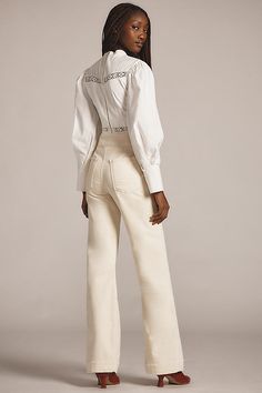 Denim, decoded: We’re digging denim in every corner of our closet. The ASKK NY Brighton Jeans offer a high-rise and wide-leg with frayed hem details. | Brighton Corduroy High-Rise Wide-Leg Jeans by ASKK NY in White, Women's, Size: 32, Cotton/Polyurethane at Anthropologie Leg Machines, High Rise Wide Leg Jeans, 50 Fashion, Back Patch, Wide Leg Jeans, Brighton, Leg Jeans, White Jeans, Anthropologie