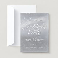 a christmas party card with silver foil on it