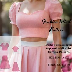 Bishop sleeve crop top and midi skirt Sewing Pattern, Midi Skirt Sewing Pattern, Bishop sleeve crop top Dress, Summer Dress Sewing  ⭐The sewing pattern does not include a belt pattern. It is used as an accessory in the image. ⭐US Sizes: 2, 4, 6, 8, 10, 12, 14, 16, 18, 20, 22, 24, 26, 28, 30 ⭐Standard Sizes: XS, S, M, L, XL, 2XL, 3XL, 4XL ⭐These patterns are suitable for A4, A0, and US Letter size papers. ⭐Once your payment is processed, you will automatically receive download links for the patte Fitted Short Sleeve Skirt Set For Summer, Summer Fitted Skirt Set With Short Sleeves, Fitted Skirt Set With Short Sleeves For Summer, Fitted Summer Skirt Set, Fitted Casual Skirt Set For Spring, Fitted Pink Skirt Set For Summer, Pink Square Neck Crop Top For Spring, Fitted Pink Midi Dress, Pink Fitted Square Neck Crop Top