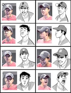 the many faces of a man in baseball caps