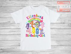 Looking for the perfect Care Bears shirts for that special Birthday Boy or Girl? You've found it!! Whether its just the Birthday boy/girl looking to stand out or the whole family looking to make a matching statement, these are the perfect tee's. Custom made with that special someone's name and age! Super soft, comfortable and made to last you wont regret taking your party to the next level with these awesome shirts!! Please don't forget to specify birthday boy or birthday girl. Please take the p Cute Birthday T-shirt With Character Print, Fun Personalized T-shirt For Birthday, Personalized Multicolor Birthday T-shirt, Cute Birthday T-shirt, Pre-shrunk, Multicolor T-shirt For Birthday And End Of School Year, Cute Character Print T-shirt For Birthday, End Of School Year Birthday T-shirt With Name Print, Family Birthday Shirts, Family Birthday