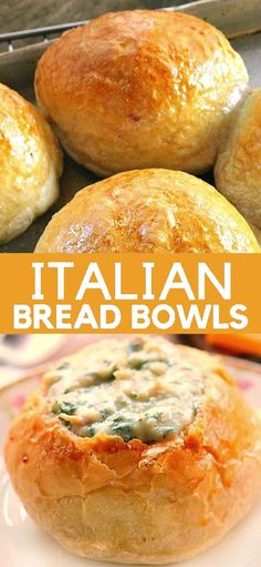 some bread bowls with spinach and cheese in them on a white plate next to other food items