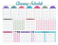 the cleaning schedule is shown in pink, blue and green colors on a white background