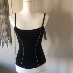 Lovely Ongossamer Bustier In Size L. Black With White Piping In Front And Hook And Eye Back Closure. Great As Lingerie Or Paired With Jeans Or Leggings! Nwt Fitted Camisole With Built-in Bra For Evening, Chic Fitted Bra-friendly Tank Top, Fitted Tank Top With Lined Body, Fitted Black Bra-friendly Tank Top, Elegant Summer Tank Top With Lined Body, Elegant Lined Summer Tank Top, Stretch Spaghetti Strap Top With Lined Body, Spring Fitted Camisole With Medium Bust Support, Fitted Lined Camisole