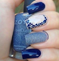 A strong combination of blue colors and designs. Each nail sports a unique design from matte to glitter and to leopard prints. Blue Nail Art Designs, Blue Nail Art, Animal Print Nails, Blue Nail, Great Nails, Shellac Nails, Beautiful Nail Art