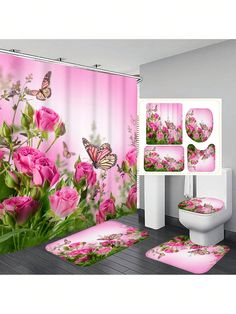 a bathroom with pink flowers and butterflies on the shower curtain, toilet and rugs