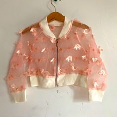 Organza Bomber Jacket With 3d Dino Appliqus Brand New- Never Worn! Cute Spring Outerwear, Hooded Outerwear For Spring Playwear, Playful Spring Outerwear For School, Cute Spring Outerwear For School, Cute Fitted Summer Outerwear, Pink Outerwear For Playwear In Fall, Pink Long Sleeve Outerwear For Playwear, Pink Outerwear For Fall Playwear, Pink Fall Outerwear For Playwear