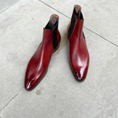 Handmade Mens Red Awesome Color Leather Chelsea Boots sold by Unique Handmade Leather Shoes . Shop more products from Unique Handmade Leather Shoes on Storenvy, the home of independent small businesses all over the world. Mens Fashion Dressy, Quality Leather Boots, Mens Dress Boots, Gentleman Shoes, Custom Design Shoes, Burgundy Shoes, Ankle Boots Men, Handmade Leather Shoes, Pointed Toe Boots