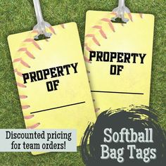 two tags that say property off and softball on them with the words softball tag tags