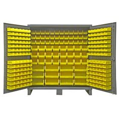 yellow plastic bins are stacked on top of each other in an open storage unit