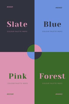 four different colored squares with the words pink, blue, and forest in each one