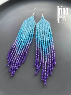 Beaded Earrings Light Blue Gradient Seed Bead Earrings Deep | Etsy Ukraine Blue Beaded Long Drop Jewelry, Blue Beaded Fringe Earrings For Jewelry Making, Blue Dangle Tassel Earrings For Jewelry Making, Purple Beaded Earrings With Tassels, Handmade Purple Long Drop Beaded Earrings, Purple Jewelry With Beaded Fringe And Round Beads, Handmade Long Drop Purple Beaded Earrings, Handmade Blue Tassel Earrings With Round Beads, Handmade Purple Tassel Earrings With Round Beads