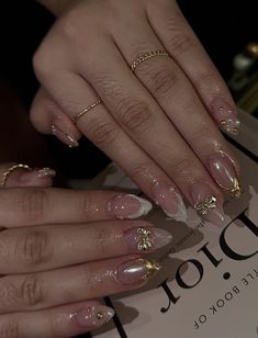 Gold And French Tip Nails, Gold French Nails Design, Simple Nail Designs Gold, French Tip And Gold Nails, White And Gold Nails Almond, White French Tip Nails With Gold, Gold Bow Nails, Gold Nails French Tip, Cute Almond Nails Design Simple