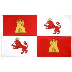 three red and white flags with two lions on one flag, the other in gold