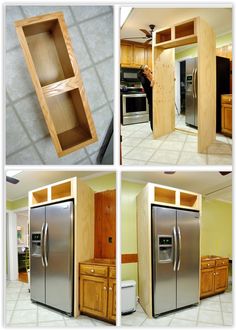 four pictures of kitchen cabinets and refrigerators in various stages of being built into the wall