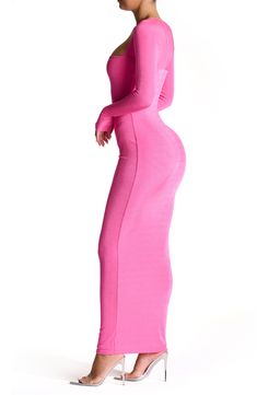 With a fit like second skin, this figure-hugging maxi is sure to be a go-to for brunch or date night thanks to the stretchy fabric and pretty-pink hue. 58" length (size Small) Square neck Long sleeves Lined 95% polyester, 5% spandex Hand wash, line dry Imported Fitted Maxi Bodycon Dress With Flattering Silhouette, Fitted Maxi Length Bodycon Dress, Fitted Maxi Length Bodycon Dress With Flattering Silhouette, Fitted Solid Maxi Length Bodycon Dress, Long Fitted Dress In A Specific Color, Long Fitted Solid Color Dresses, Solid Color Long Fitted Dress, Spring Fitted Maxi Dress With Flattering Silhouette, Fitted Maxi Dress With Flattering Silhouette For Spring