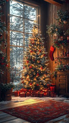 a decorated christmas tree in front of a window